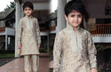 Indian Kid's Sherwani Kurta Beige Silk Banarasi Bo