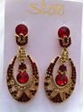 Imitation Zarqonia Gold Long Earrings Maroon Jewel