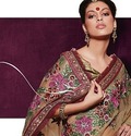 Bollywood Indian Golden Net Saree Beautiful Thread