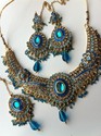 Indian Gold Platted Necklace Set Earrings Blue Kun