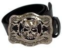 Flaming Skull Biker Buckle Leather Belt 1 1/2" Wid