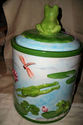 BEAUTIFUL GREEN FROGS LGE.CANISTER JAR HANDPAINTED