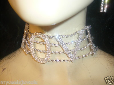 Topaz Rhinestone Austrian Crystal Choker Necklace Earring Set Pageant Drag Exotic Belly Ballroom Dancer Rave Cocktail Party Gift Wedding