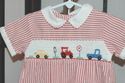 Red & White striped romper hand smocked cars & tru