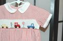 Red & White striped romper hand smocked cars & tru