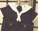 First Impressions Navy blue sailor suit romper emb