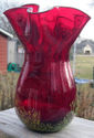 Vintage Ruby Red Art Glass, Hand Blown Vase, 7.5" 
