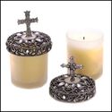 PR**FILIGREE PEWTER CROSS CANDLE JAR W/ PATTERN LI