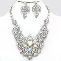 Designer Floral Leaf Paved Crystal Rhodium Bib Col