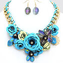 Gold Blue Glass Stone Flower Bouquet Collar Bib Ne