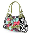 ZEBRA PATTERN RHINESTONE FLOWER ACCENT PURSE HANDB