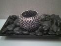 Candle black mosaic glass with black rocks and woo