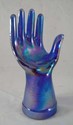 BLUE CARNIVAL GLASS HAND SHAPED RING HOLDER