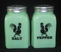 JADEITE "BLACK ROOSTER" ARCH SALT & PEPPER SHAKERS