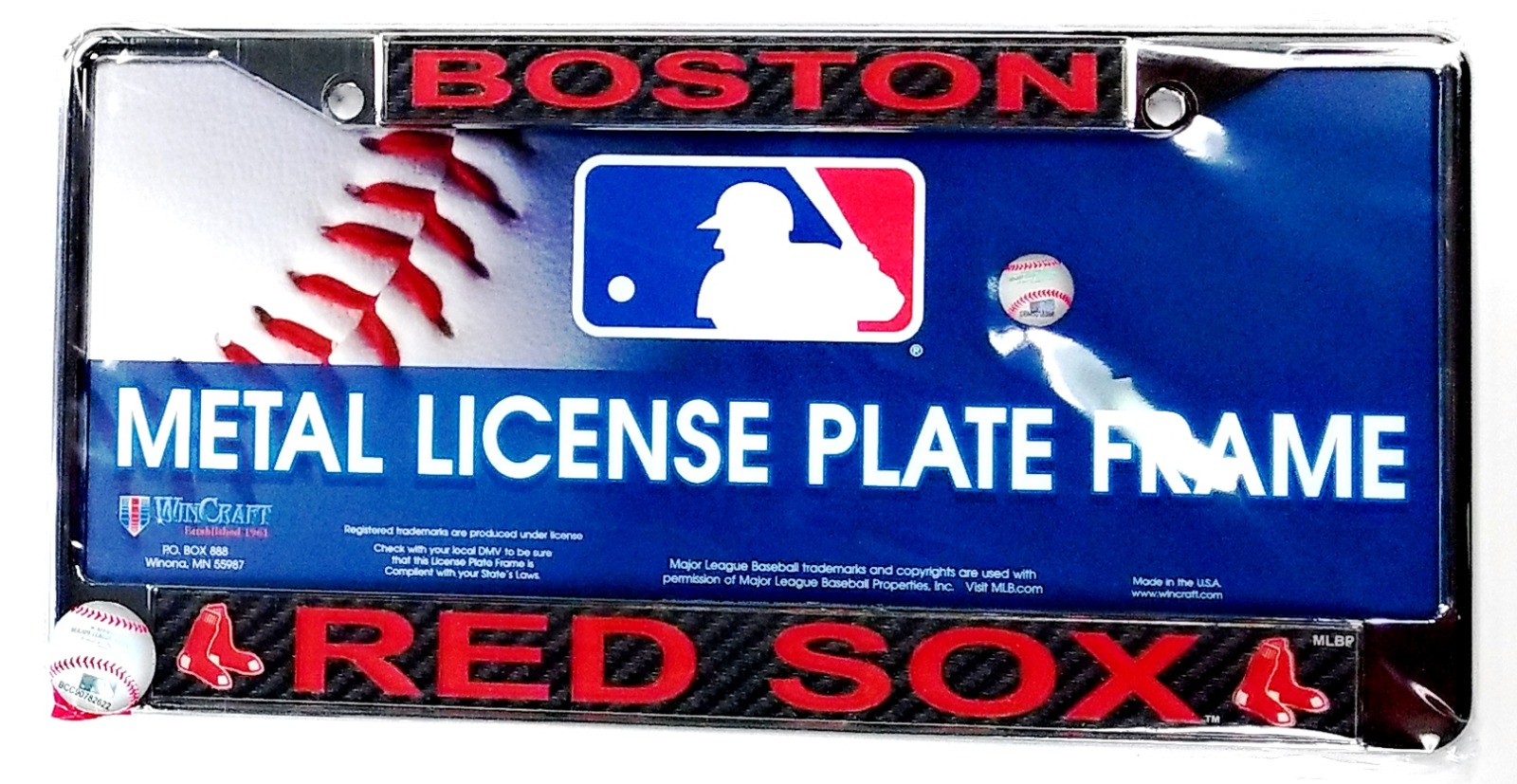 Boston Red Sox Carbon Fiber LASER FRAME Chrome Metal License Plate Tag