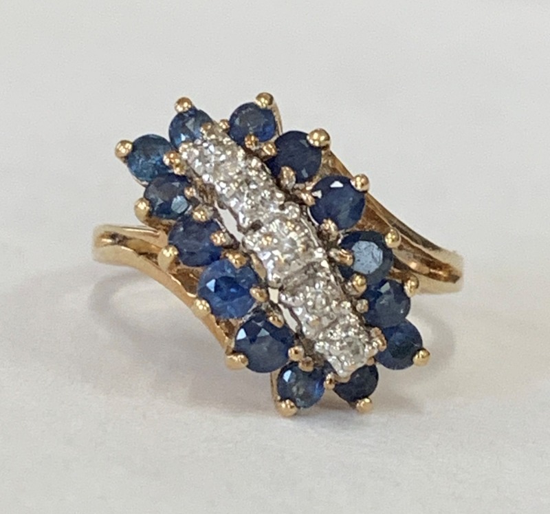 Estate Jewelry 0.50 Ctw Sapphire & Diamond Waterfall Ring 10K Yellow