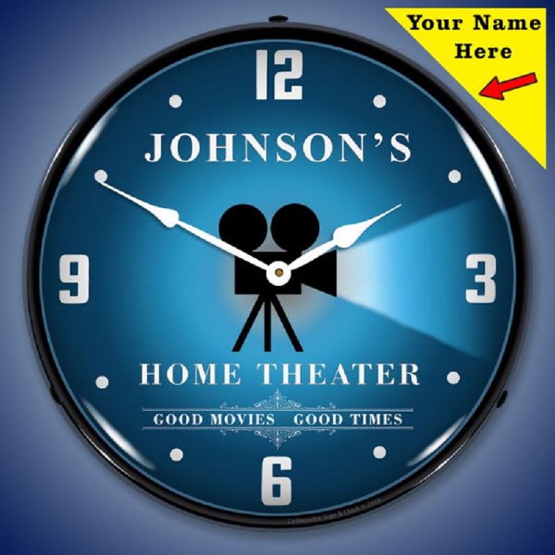 Decorate With Daria Home Theater Movies WALL CLOCK 14" LED Light Backlit Custom "Add Your Name