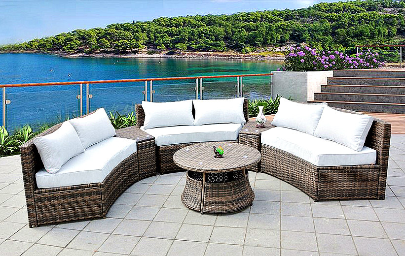 6 SEAT CURVED OUTDOOR PATIO FURNITURE SET 9 Ft PE Wicker Sunbrella ...