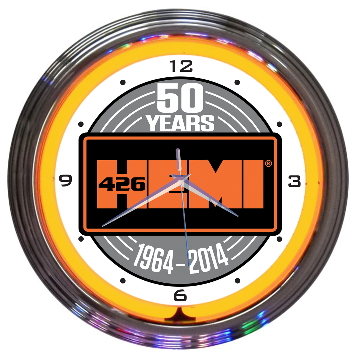 Mopar 426 Hemi 50 Years 15 Neon Wall Clock Glass Face Chrome Case