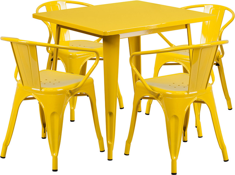 Bistro Table Set 4 Arm Chairs Yellow Stackable Metal Indoor