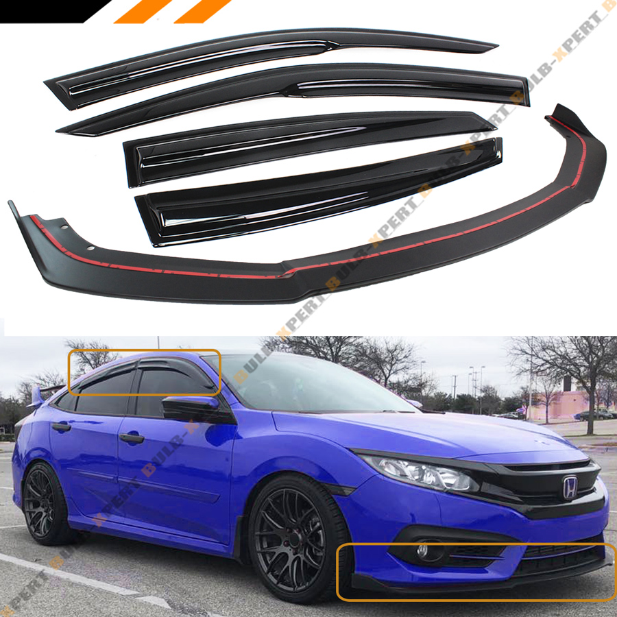 FOR 2016-18 HONDA CIVIC 4DR FRONT BUMPER LIP SPLITTER + WINDOW VISOR RAIN GUARD | eBay FOR 2016-18 HONDA CIVIC 4DR FRONT BUMPER LIP SPLITTER + WINDOW VISOR RAIN GUARD | eBay
