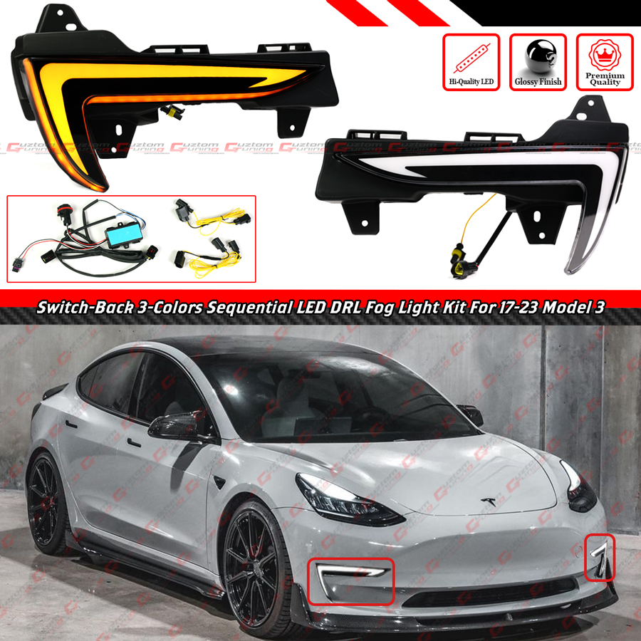 FOR 17-23 TESLA MODEL 3 FRONT BUMPER TRI-COLOR SEQUENTIAL LED DRL