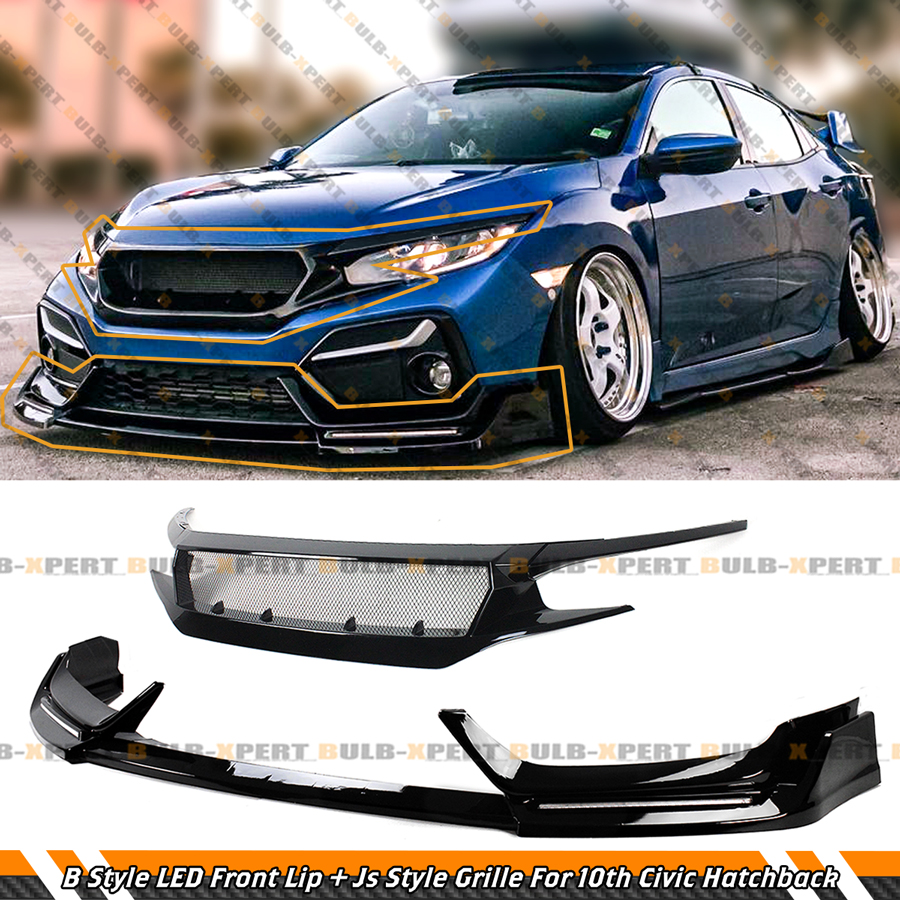 FOR 16-21 HONDA CIVIC BLZ STYLE LED FRONT BUMPER LIP + J STYLE
