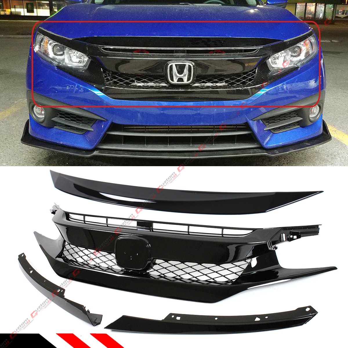 FOR 16-18 HONDA CIVIC FK8 TYPE-R STYLE MESH FRONT GRILLE+HOOD BUMPER ...