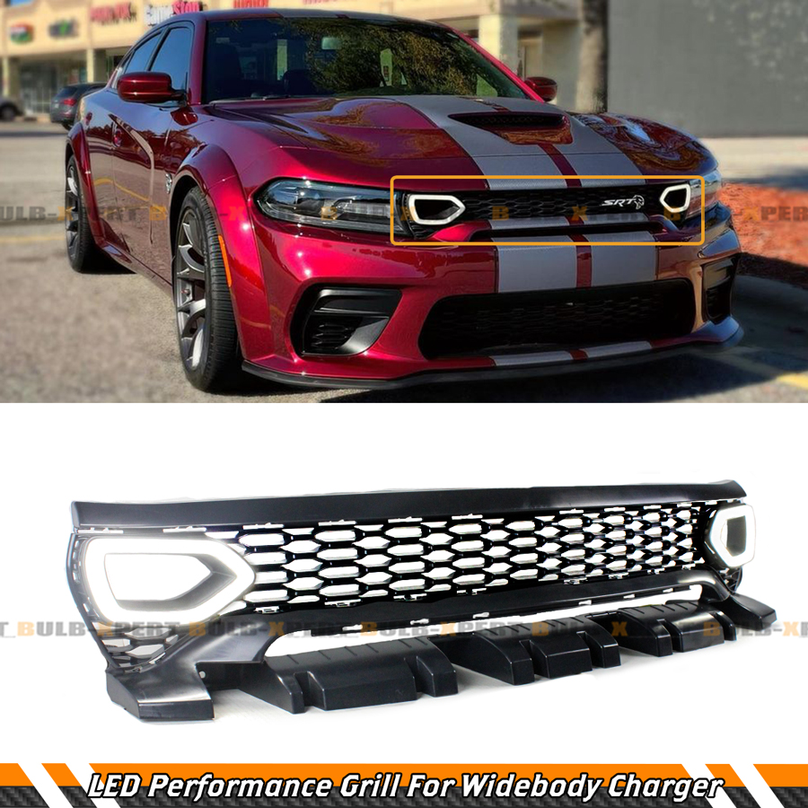 IKON MOTORSPORTS SRT Style Front Grille Set For 2015-2023 Dodge Charger – Upper & Lower W/ LED Lights