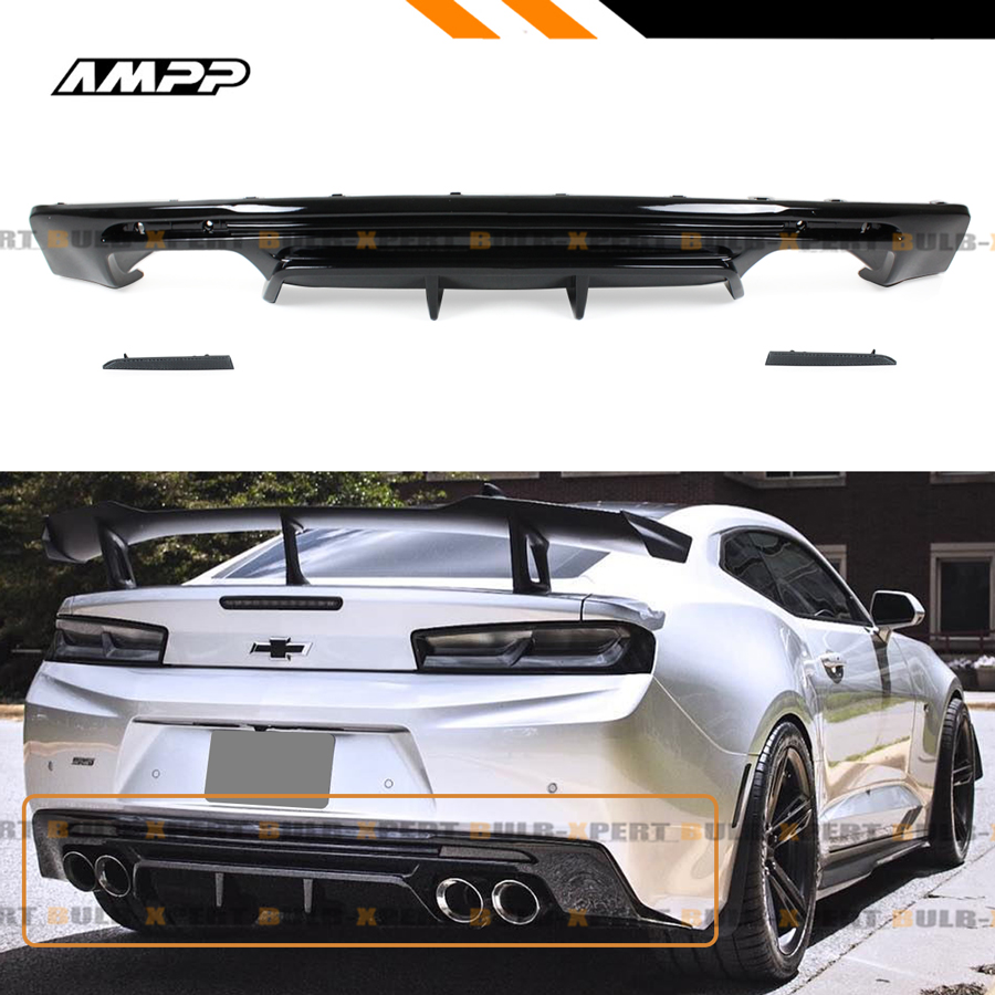 For 16-2020 Chevy Camaro Gloss Blk Rear Bumper Diffuser + Smoked 