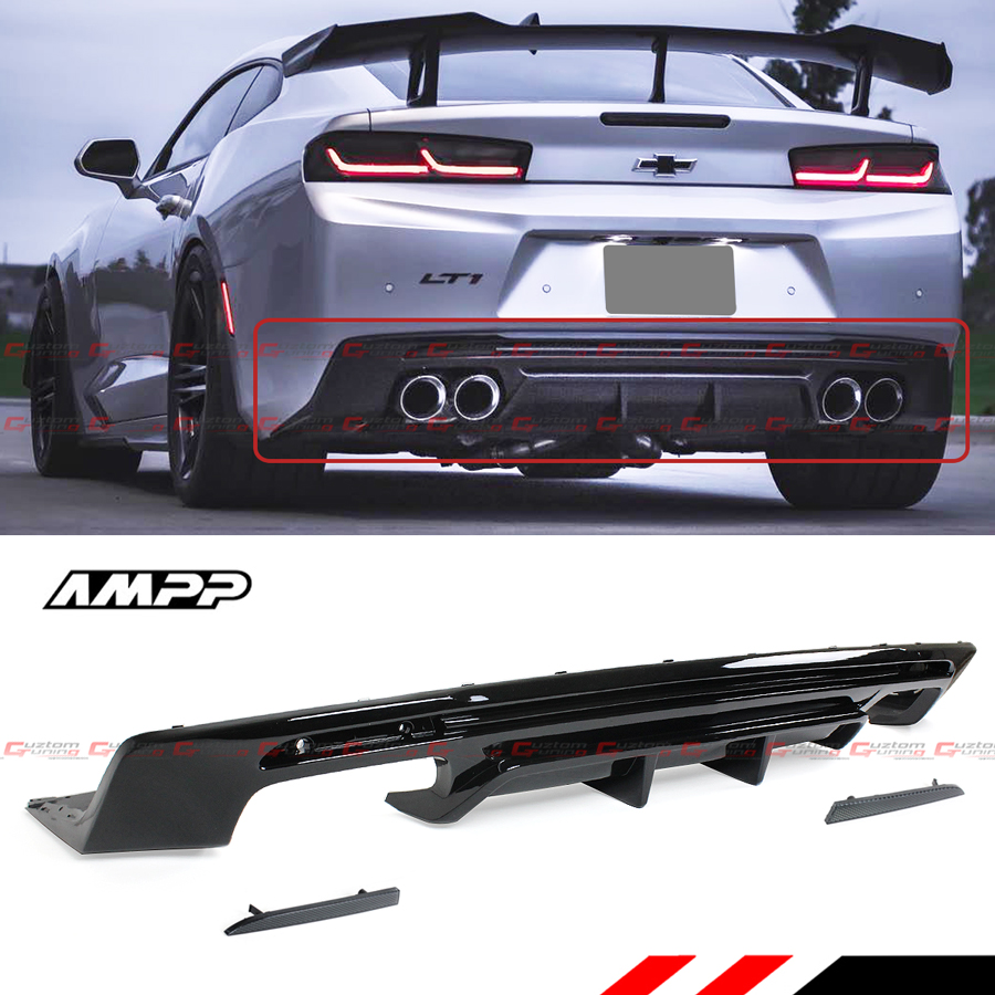 For 16-2020 Chevy Camaro Gloss Blk Rear Bumper Diffuser + Smoked 