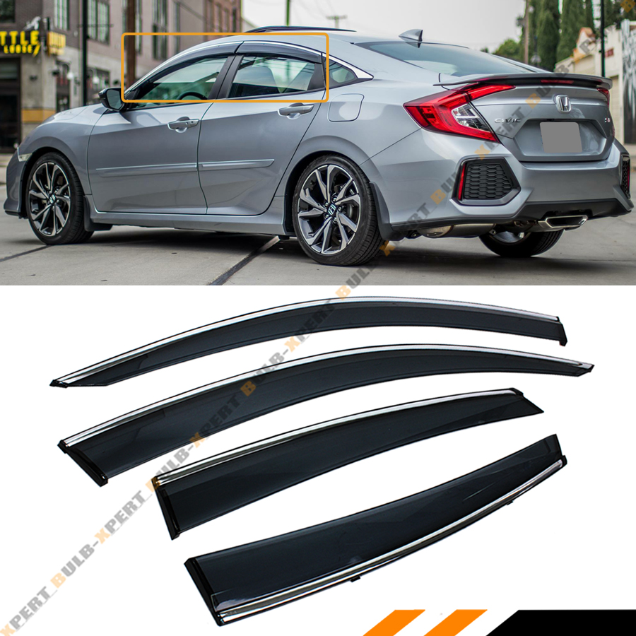 Window Visor Deflectors For 2022-2026 Honda Civic Sedan - 4pc Smoke Acrylic Rain Guards With Chrome Trim