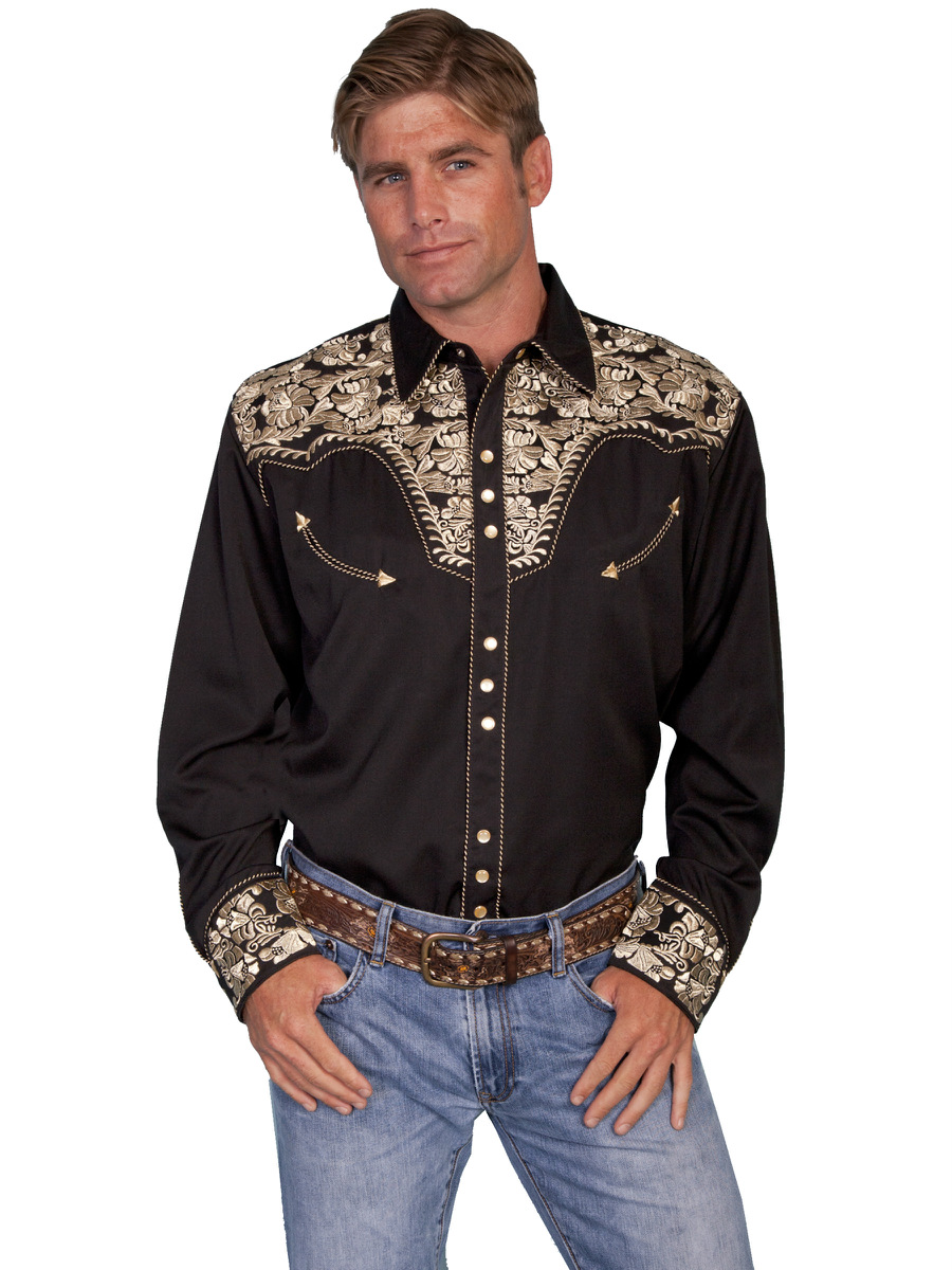 Scully Mens Embroidered Western Shirt Snap Perl Gold Black P-634 | eBay