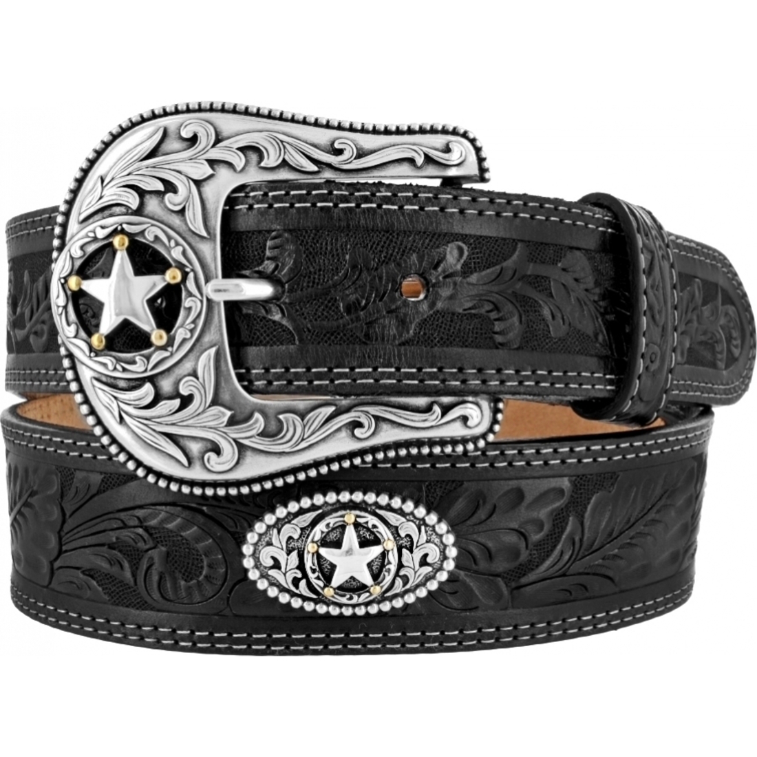Justin Western Mens Belt Leather Black Star Tooled Made In The USA ...