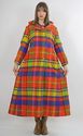 Vtg 70s Boho Hippie Wool Mod neon plaid hooded max