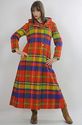 Vtg 70s Boho Hippie Wool Mod neon plaid hooded max