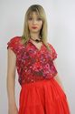 Vtg 70s red floral silk Secretary blouse top shirt