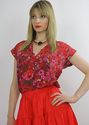Vtg 70s red floral silk Secretary blouse top shirt