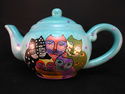 Laurel Burch Teapot 1998 Teal w 5 Multicolored Cat