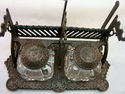 Vintage Cast Iron Double Ink Well Ornate Stars wit