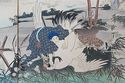 Japanese  woodblock triptych print-Samurai & Falco
