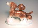German porcelain 2 DACHSHUND dogs step on pink pil