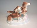 German porcelain 2 DACHSHUND dogs step on pink pil