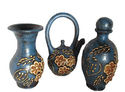 Vintage Cobalt Blue Clay Pottery Vase Teapot Set F