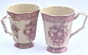 Pair Large Red Toile Fine China Mugs Fruit Design 