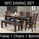 6P Modern Brown Finish Dining Table Chair and Benc