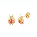 14k Yellow Gold Ladybug Stud Earrings - Red CZ 8mm