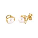 14k Yellow Gold Pearl Stud Earrings with Swirl Des