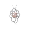 Pink Pearl Flower Necklace Large White CZ Petals .