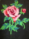 Vintage Crewel Embroidery Pink Rose on Black Linen